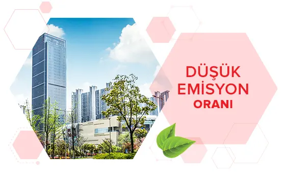 Gökdelenlerin olduğu büyük şehir manzarası, yüksek kapasiteli ve yüksek performanslı vurgusu var ve düşük emisyon avantajını gösteriyor