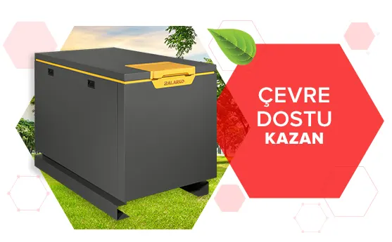 Çevre dostu kazan, yeşil alan ve gökyüzüyle çevrili, yanındaki metin ‘Çevre Dostu Kazan’ yazıyor