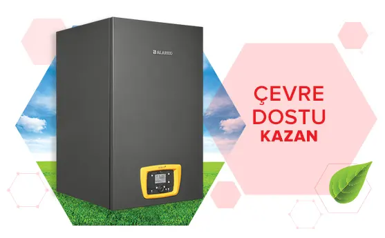 Çevre dostu kazan, yeşil alan ve gökyüzüyle çevrili, yanındaki metin ‘Çevre Dostu Kazan’ yazıyor