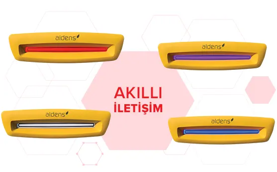 Dört farklı renkli termostat ekranı, sarı renkli, her biri farklı renk çizgiye sahip ve merkezde ''Akıllı İletişim'' yazısı var