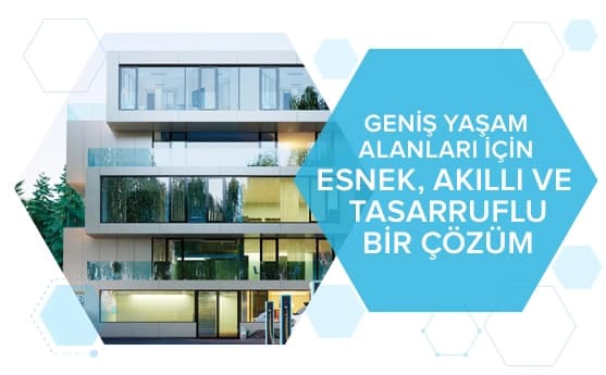 Modern cam bina, yeşil alanlar ve büyük pencerelerle geniş yaşam, esnek ve tasarruflu çözüm