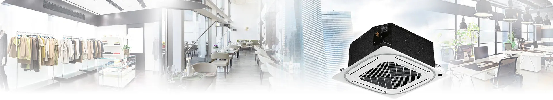 Ofis ortamında, tavan tipi klima cihazı ve çalışma masalarıyla boş ve modern alan