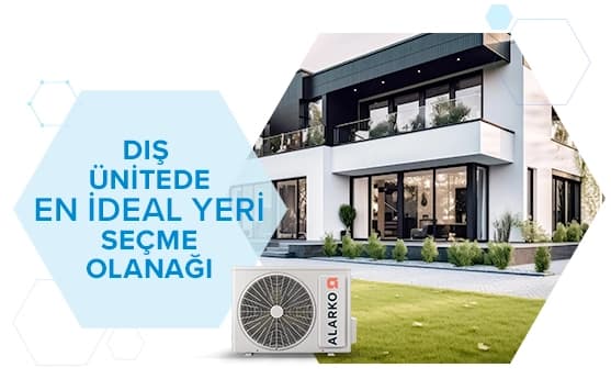 Dış ünite, modern bir evin önünde, geniş bahçe ve büyük pencerelerle, ideal yer seçimi sağlar, enerji verimliliği sunar