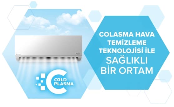 Modern klima cihazı, temiz hava ve serinlik sağlıyor. Arka planda mavi gökyüzü ve birkaç bulut var, teknolojik görünüm hakim