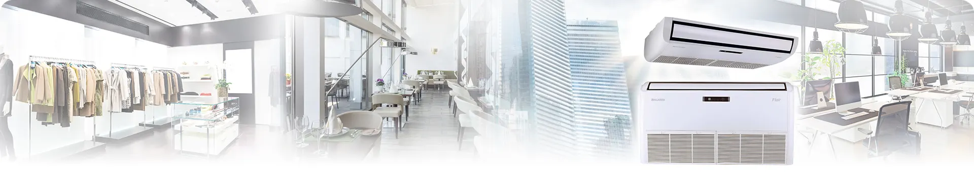 Ofis ortamında, tavan tipi klima cihazı ve çalışma masalarıyla boş ve modern alan