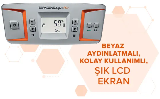 Solda 50°C gösteren kombi LCD ekranı var, sağda “Beyaz aydınlatmalı, kolay kullanımlı, şık LCD ekran” yazıyor