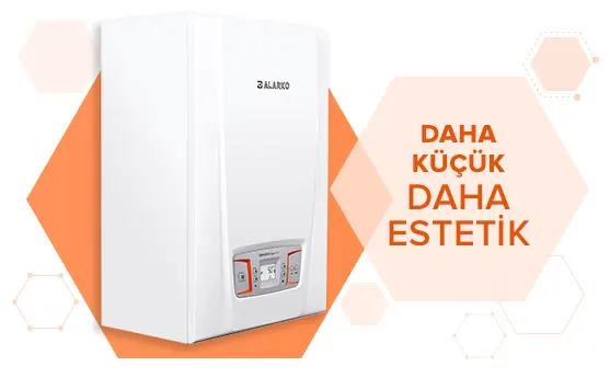 Görselde beyaz ve şık bir ALARKO kombi var. Sağda “DAHA KÜÇÜK DAHA ESTETİK” ifadesi yer alıyor