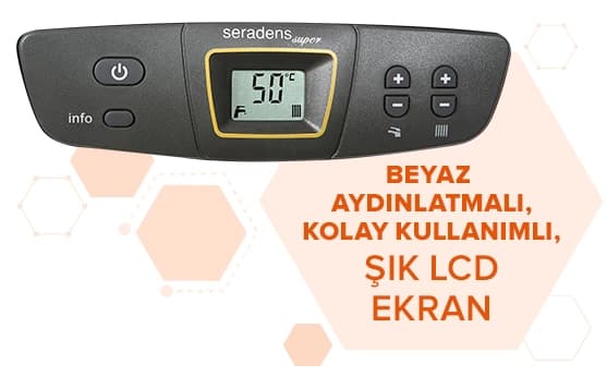 Görselde, LCD ekranlı ve dijital göstergeli ekran; sağda, “BEYAZ AYDINLATMALI, KOLAY KULLANIMLI, ŞIK LCD EKRAN” yazısı bulunuyor