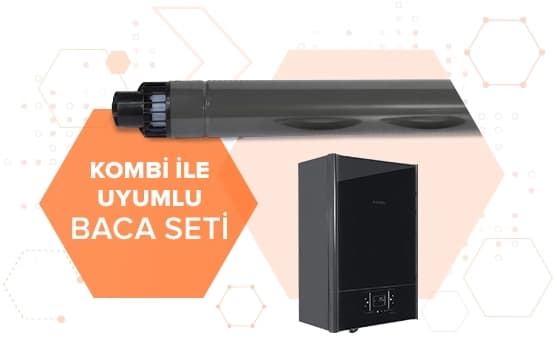 Görselde baca seti ve siyah kombi yan yana duruyor. Sağ üstte turuncu kutucukta “Kombi ile Uyumlu Baca Seti” yazısı bulunuyor