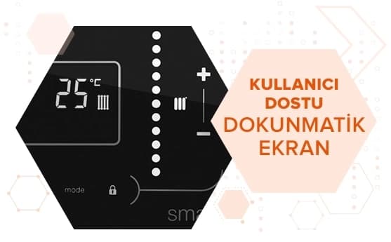 Görselde 25°C gösteren dokunmatik siyah ekran var. Sağda turuncu kutuda “Kullanıcı Dostu Dokunmatik Ekran” yazısı bulunuyor