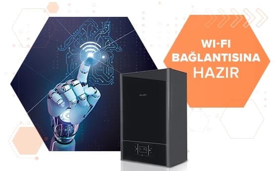Dijital bir elin ekrana dokunduğu grafik görülüyor. Sağda siyah kombi ve turuncu kutuda “Wi‐Fi Bağlantısına Hazır” yazıyor