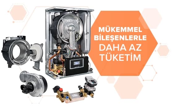 Görselde, içi açık bir kombi cihazı gövdesi ve detaylı parçalar yer alıyor