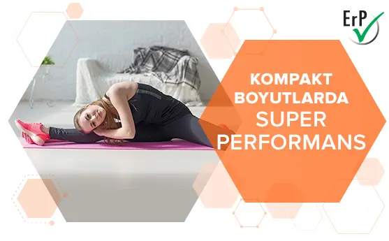 “Kompakt boyutlarda süper performans” yazısı ile birlikte, spor yapan kadın yerde esneme hareketi yapıyor