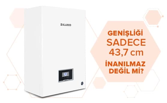 Görselde, 43,7 cm genişliğinde, modern tasarımlı, dijital ekranlı ve teknik detaylar içeren kombi gösteriliyor