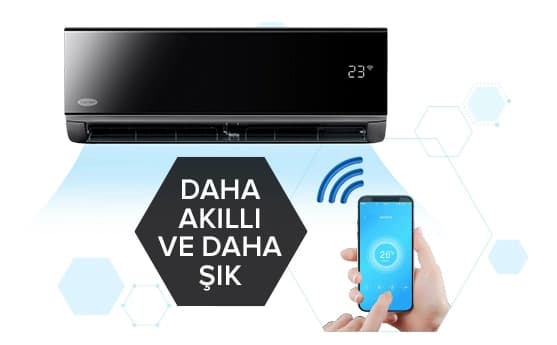 Şık siyah modern klima, uzaktan kontrol ve akıllı özellikleriyle hem estetik hem de verimli konfor sağlar