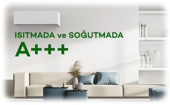 Düzenli ve modern oturma odası, enerji tasarruflu ve A+++ sınıfı cihazlarla ısınma ve serinleme sağlıyor