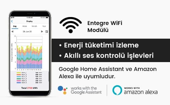 Akıllı telefon ekranında enerji ve ses kontrolü özellikleri ile WiFi modu gösteriliyor, uyumlu Google ve Amazon destekli
